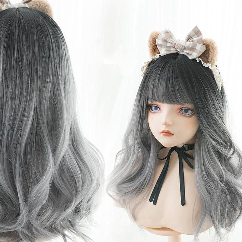 Black Gray Gradient Cute Girl Large Wavy Curl Wig MK15630 - mkkawaiishop