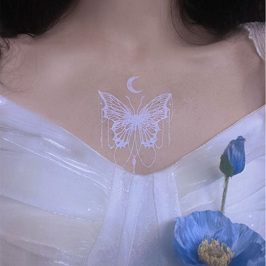 Autocollant de tatouage de fleur de papillon de lune blanche douce