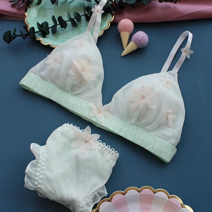 Cute White/Green/Pink 3D Flower Decorated Fairy Lolita Lingerie Set MM1177 - mkkawaiishop