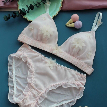 Cute White/Green/Pink 3D Flower Decorated Fairy Lolita Lingerie Set MM1177 - mkkawaiishop