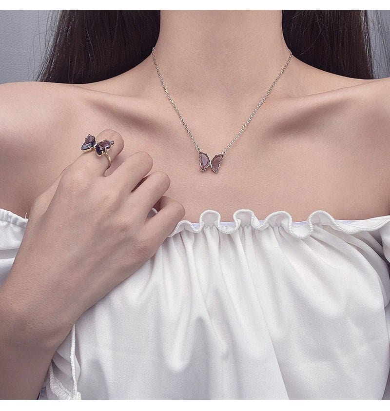 Dainty CZ Inlaid Crystal Butterfly Necklace Earrings Ring Set LIN68 - mkkawaiishop