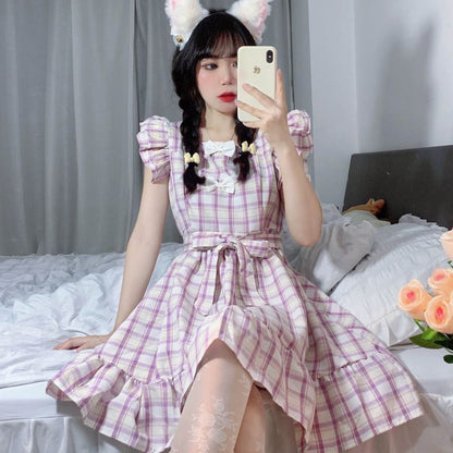 Dolly Kawaii Princess Jfashion Purple Plaid Ruffle Dress - mkkawaiishop