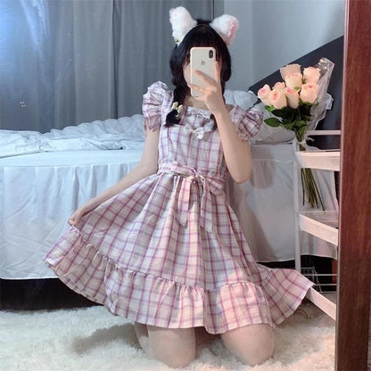Dolly Kawaii Princess Jfashion Purple Plaid Ruffle Dress - mkkawaiishop