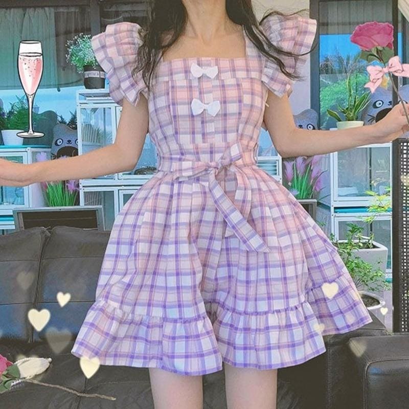 Dolly Kawaii Princess Jfashion Purple Plaid Ruffle Dress - mkkawaiishop