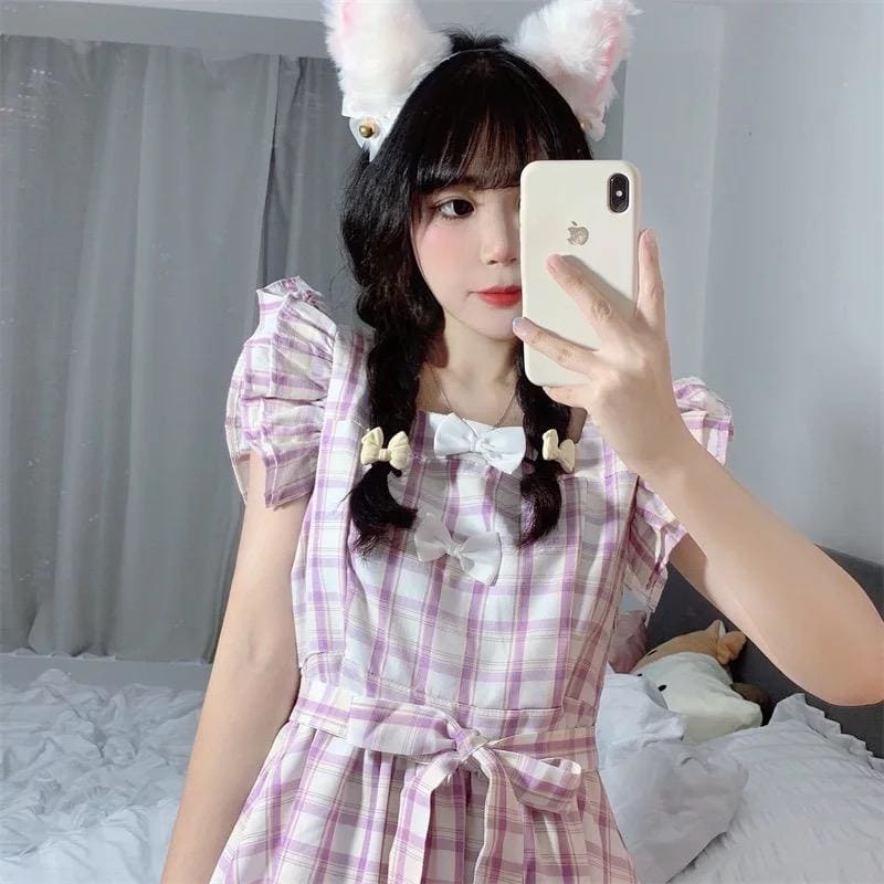 Dolly Kawaii Princess Jfashion Purple Plaid Ruffle Dress - mkkawaiishop