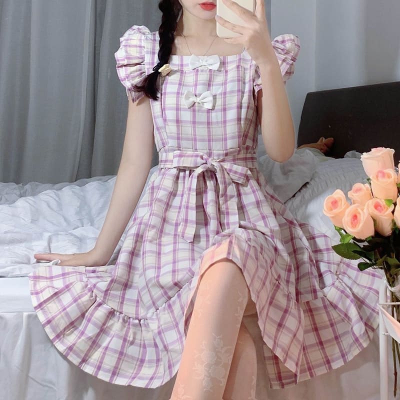 Dolly Kawaii Princess Jfashion Purple Plaid Ruffle Dress - mkkawaiishop