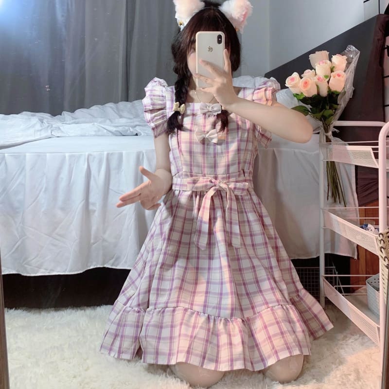 Dolly Kawaii Princess Jfashion Purple Plaid Ruffle Dress - mkkawaiishop