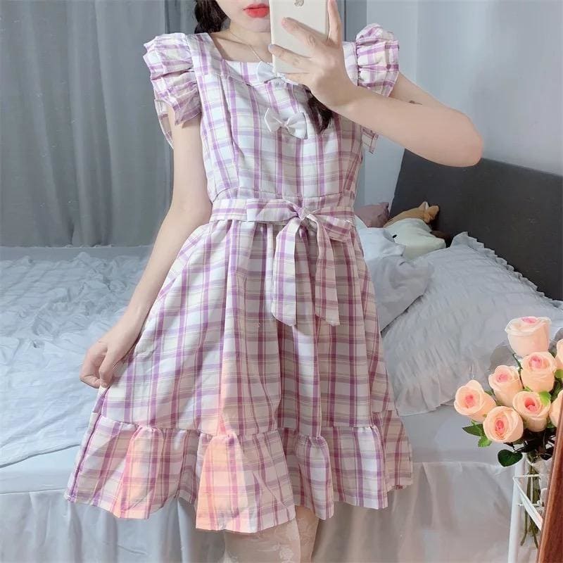 Dolly Kawaii Princess Jfashion Purple Plaid Ruffle Dress - mkkawaiishop