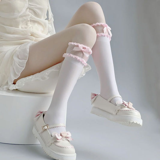 Chaussettes hautes Lolita en dentelle avec nœud