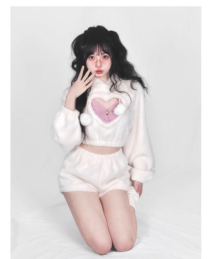 Cute White Hoodie Heart Two Piece Set