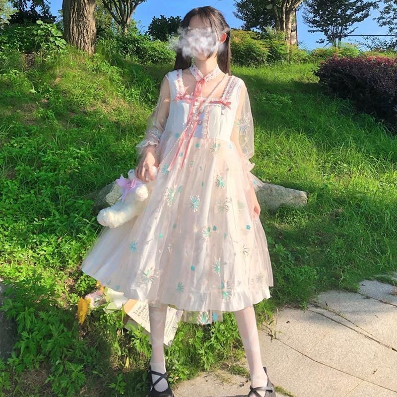 Elegant Lolita Embroidery Chiffon Shiny Fairy Dress MK0829 - mkkawaiishop