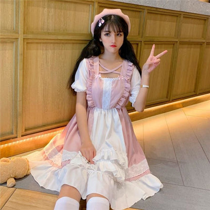 Eli Blossom Pink Frilly Short Sleeve Kawaii Princess Lolita Dress - mkkawaiishop