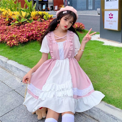 Eli Blossom Pink Frilly Short Sleeve Kawaii Princess Lolita Dress - mkkawaiishop