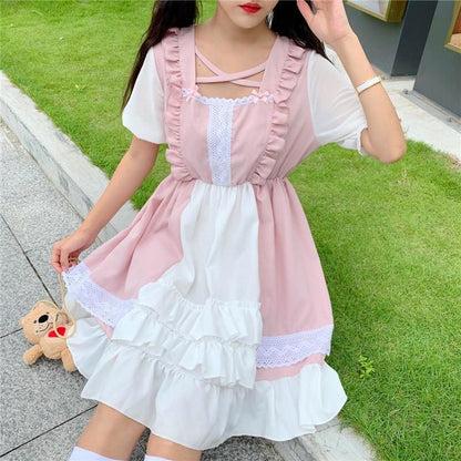 Eli Blossom Pink Frilly Short Sleeve Kawaii Princess Lolita Dress - mkkawaiishop