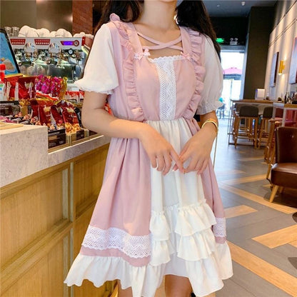 Eli Blossom Pink Frilly Short Sleeve Kawaii Princess Lolita Dress - mkkawaiishop