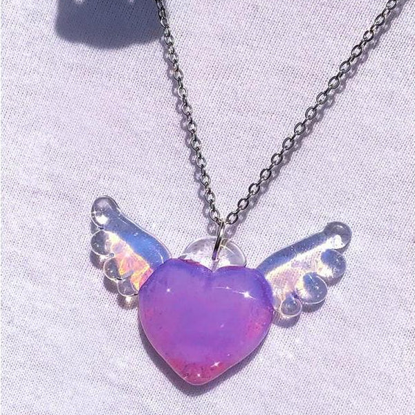 Collier en verre avec joli coeur d'ange rose et ailes - Heartzcore