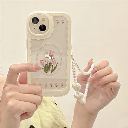 INS Tulip Flower Lanyard Phone Case For iPhone 11 Pro Max 12 XR X XS 13 14 Cover Hand Strap Bracelet Cases LIN74 - mkkawaiishop