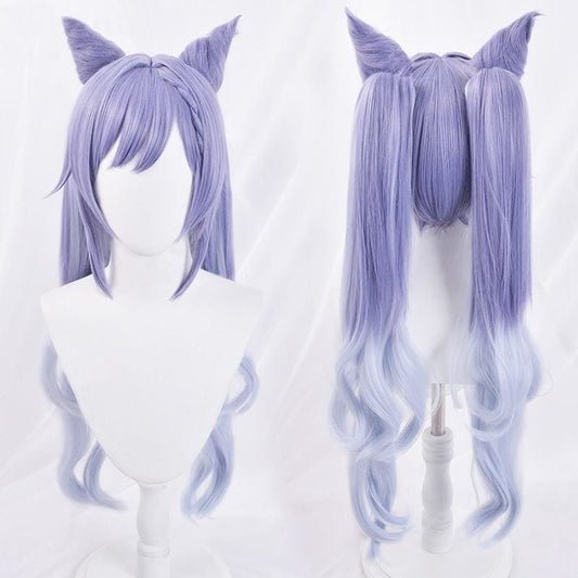 KEQING Gradient Purple Cosplay Long Curly Ponytails Ears Wig MK15298 - mkkawaiishop