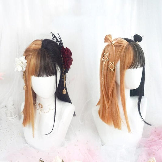 Half Orange Half Black Mixed Double Color Girl Wig MK16009 - mkkawaiishop