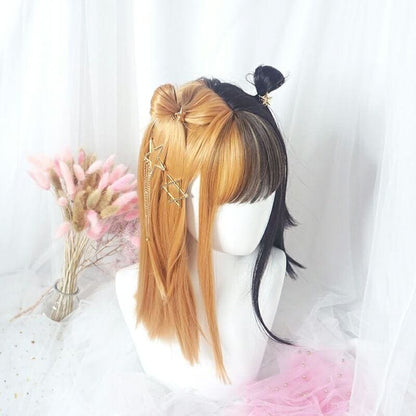 Half Orange Half Black Mixed Double Color Girl Wig MK16009 - mkkawaiishop