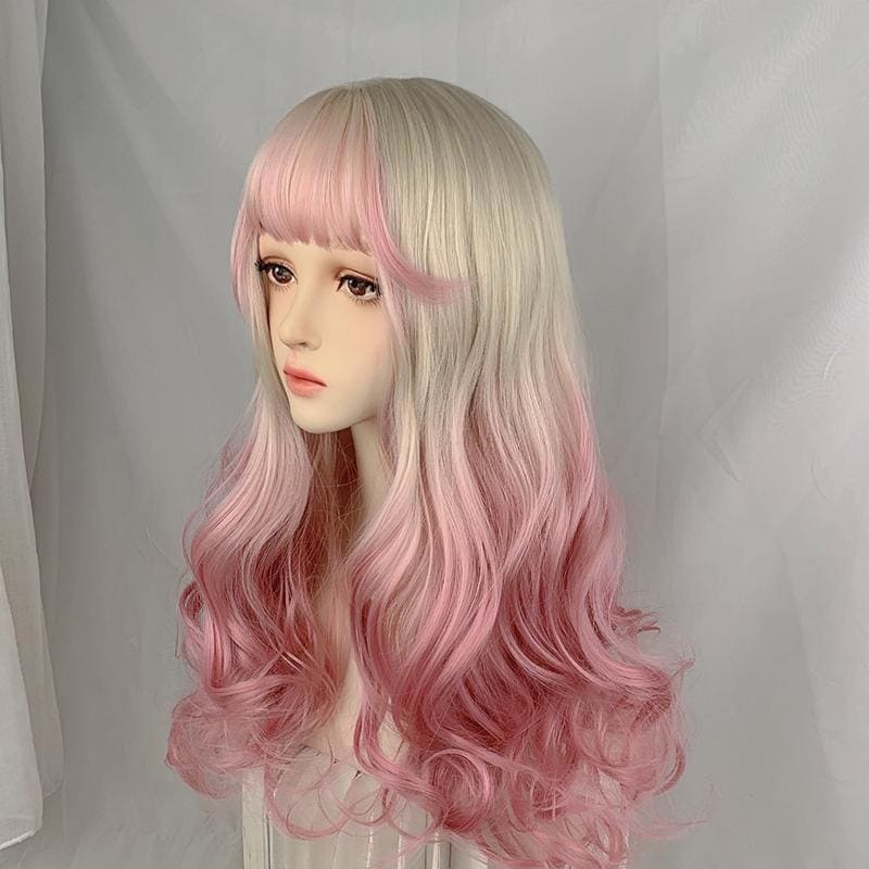 Kawaii Cute Platinum Gradient Pink Long Curly Lolita Wig MK16753 - mkkawaiishop