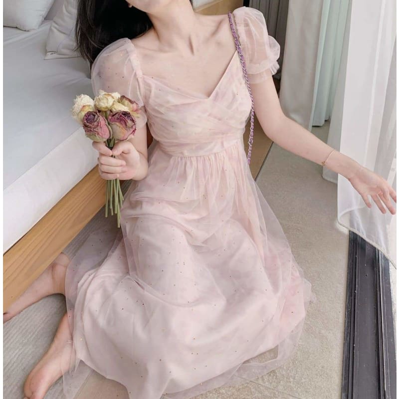 Lace Chiffon Fairy Dress Casual Puff Sleeve Cute Summer Dress MK16912 - mkkawaiishop