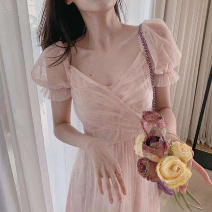 Lace Chiffon Fairy Dress Casual Puff Sleeve Cute Summer Dress MK16912 - mkkawaiishop