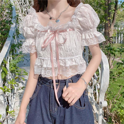 Lace & Ribbon Kawaii Princess Lolita Crop Top - mkkawaiishop