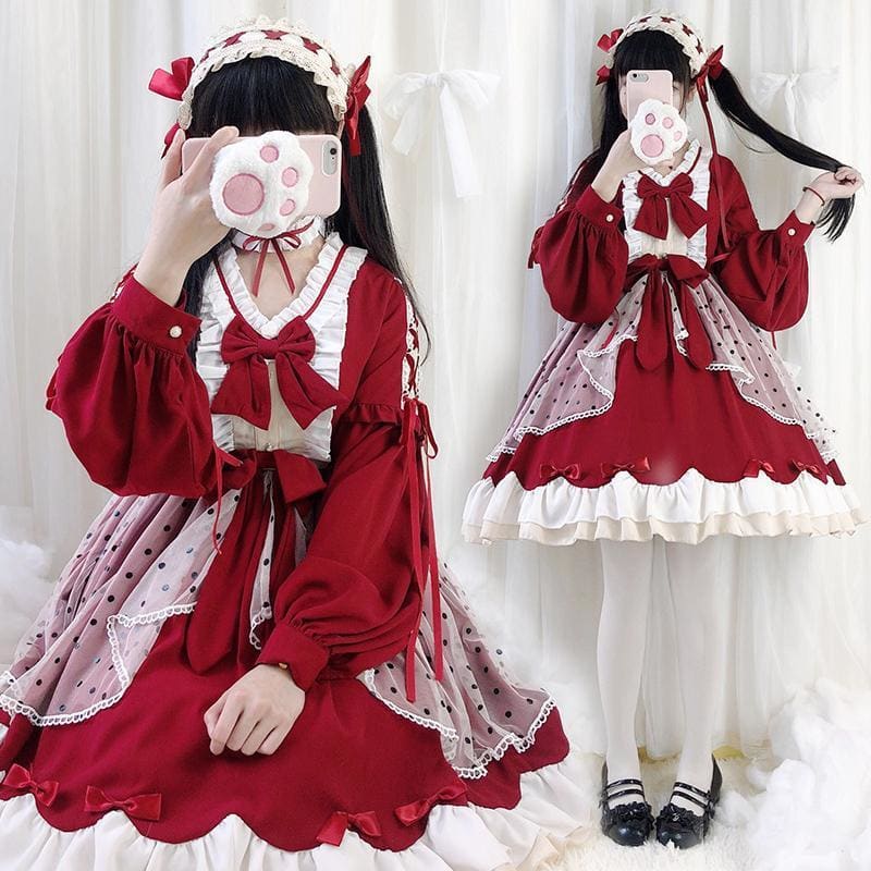 Lolita Cute Red Bow Princess Dress MM0885 - mkkawaiishop