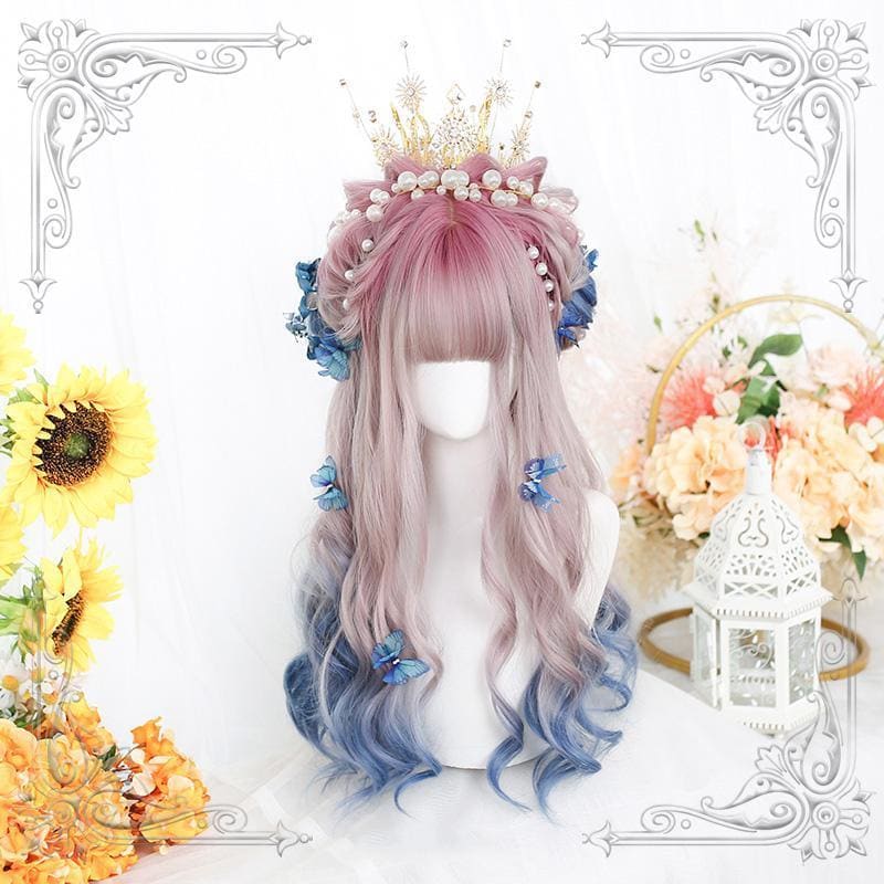 Lolita Pink Blue Gradient Long Curly Wig MK15518 - mkkawaiishop