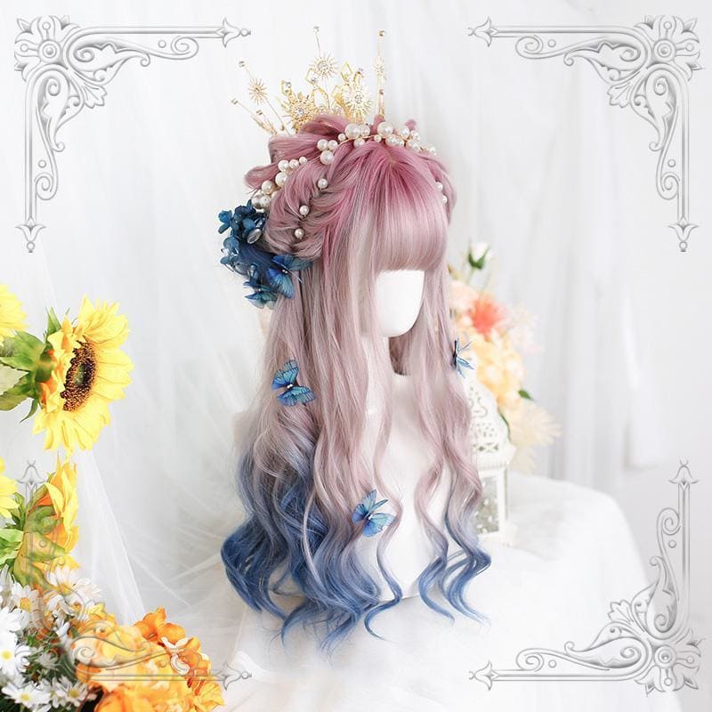 Lolita Pink Blue Gradient Long Curly Wig MK15518 - mkkawaiishop