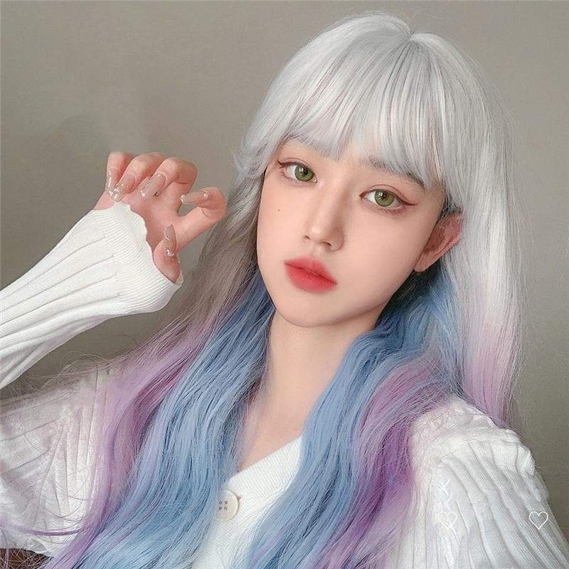 Kawaii 3 Colors eGirl Lolita Purple White Blue Gradient Big Wavy Long Curly Wig MM1664 - mkkawaiishop