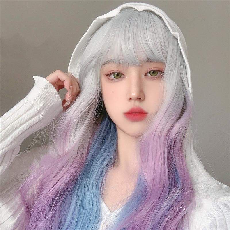 Kawaii 3 Colors eGirl Lolita Purple White Blue Gradient Big Wavy Long Curly Wig MM1664 - mkkawaiishop