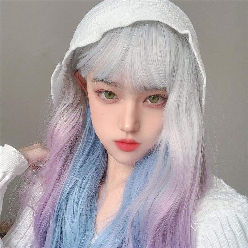 Kawaii 3 Colors eGirl Lolita Purple White Blue Gradient Big Wavy Long Curly Wig MM1664 - mkkawaiishop