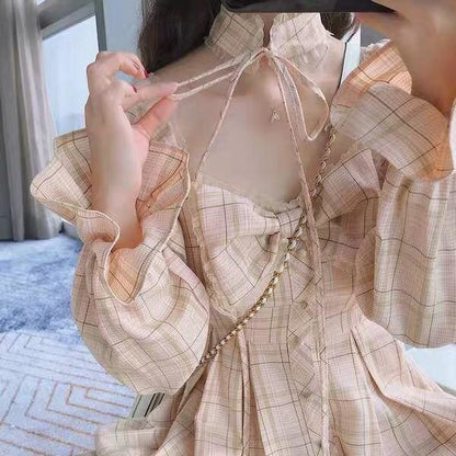 Olivia Snowbird Plaid Kawaii Princess Dolly Dress with Choker - mkkawaiishop