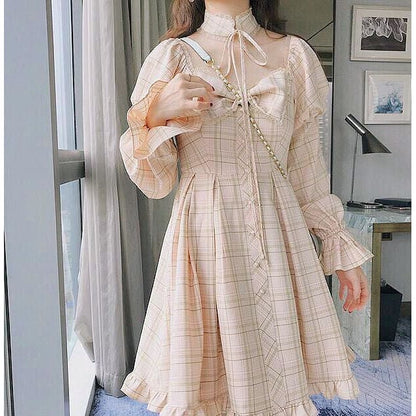 Olivia Snowbird Plaid Kawaii Princess Dolly Dress with Choker - mkkawaiishop