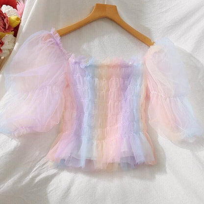 Pastel Rainbow Kawaii Princess Tulle Blouse - mkkawaiishop