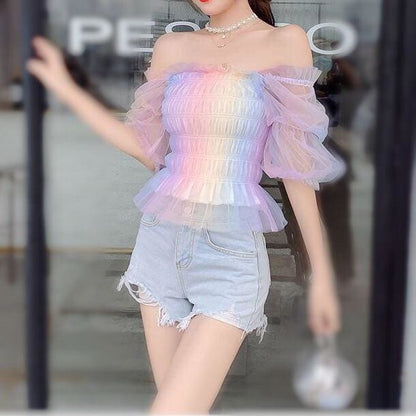 Pastel Rainbow Kawaii Princess Tulle Blouse - mkkawaiishop