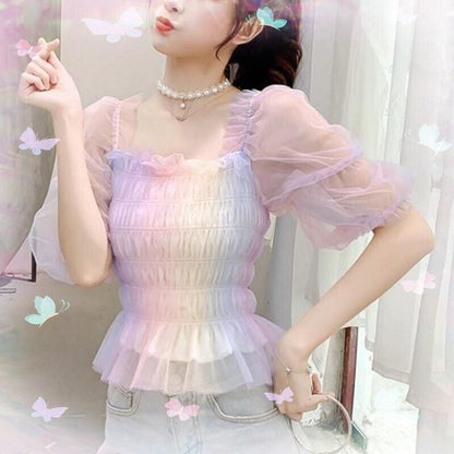 Pastel Rainbow Kawaii Princess Tulle Blouse - mkkawaiishop