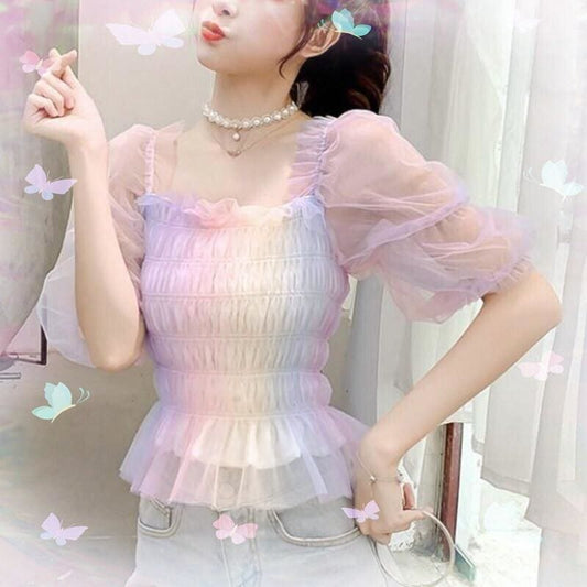 Pastel Rainbow Kawaii Princess Tulle Blouse - mkkawaiishop