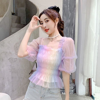 Pastel Rainbow Kawaii Princess Tulle Blouse - mkkawaiishop