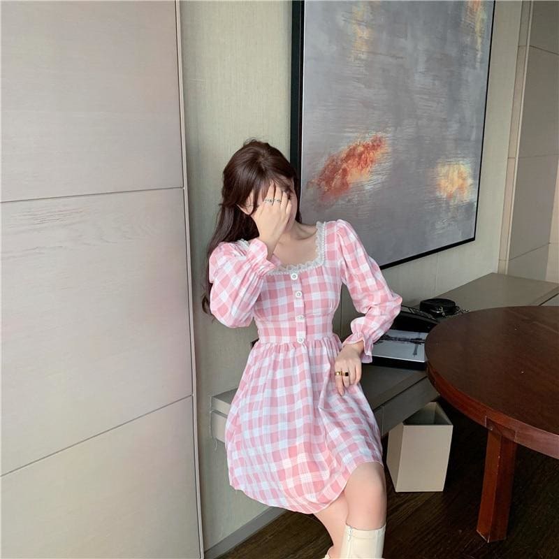 Pink Plaid Kawaii Princess Mini Dress - mkkawaiishop