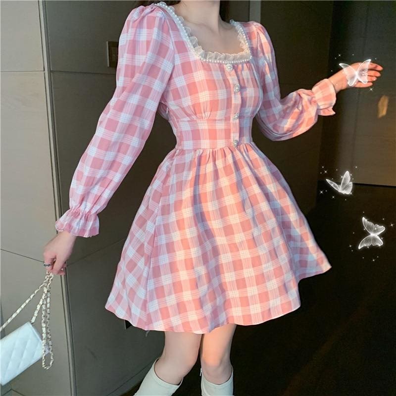 Pink Plaid Kawaii Princess Mini Dress - mkkawaiishop