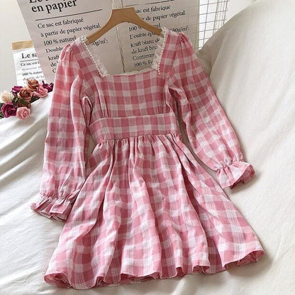 Pink Plaid Kawaii Princess Mini Dress - mkkawaiishop