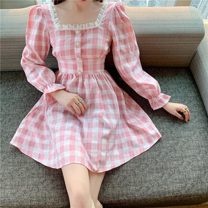 Pink Plaid Kawaii Princess Mini Dress - mkkawaiishop