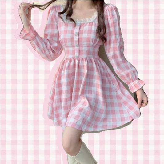 Pink Plaid Kawaii Princess Mini Dress - mkkawaiishop