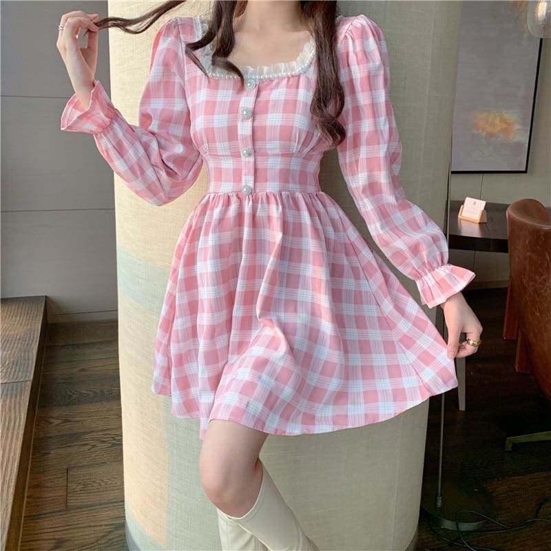 Pink Plaid Kawaii Princess Mini Dress - mkkawaiishop