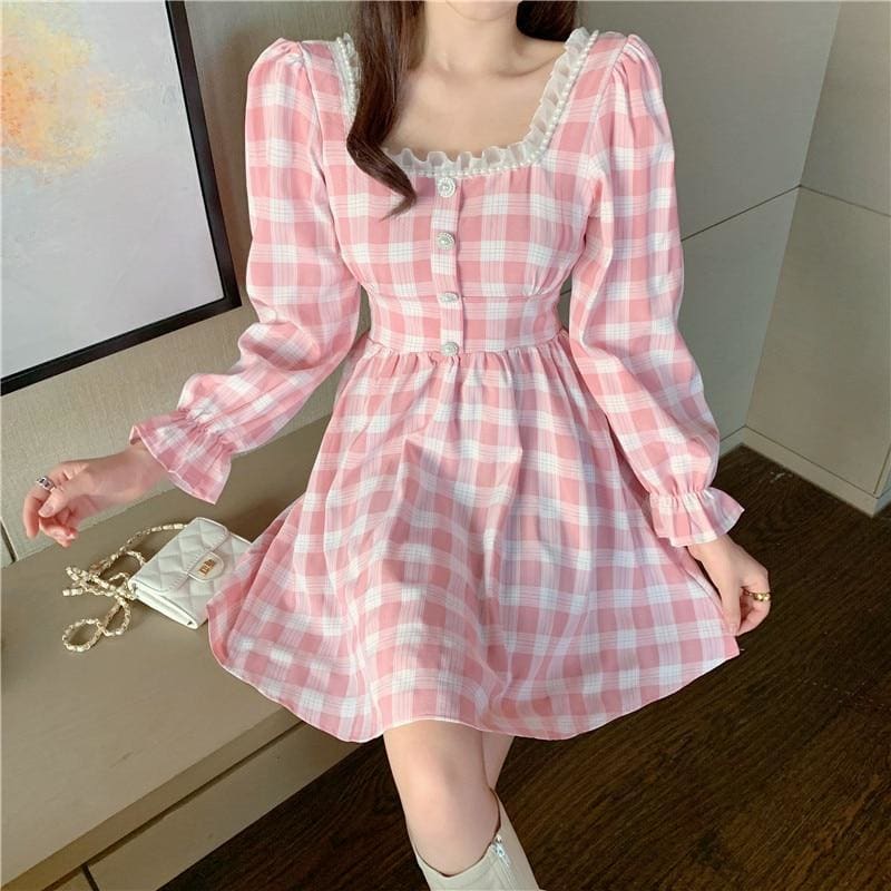 Pink Plaid Kawaii Princess Mini Dress - mkkawaiishop