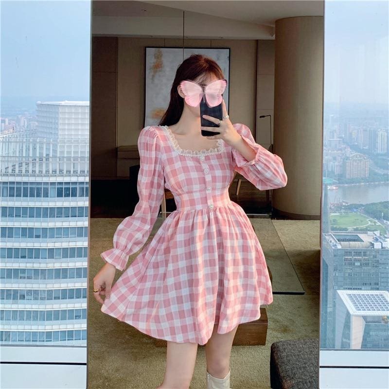 Pink Plaid Kawaii Princess Mini Dress - mkkawaiishop