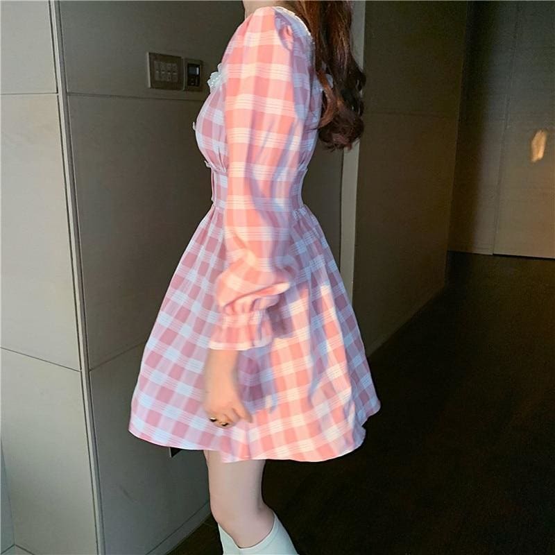 Pink Plaid Kawaii Princess Mini Dress - mkkawaiishop